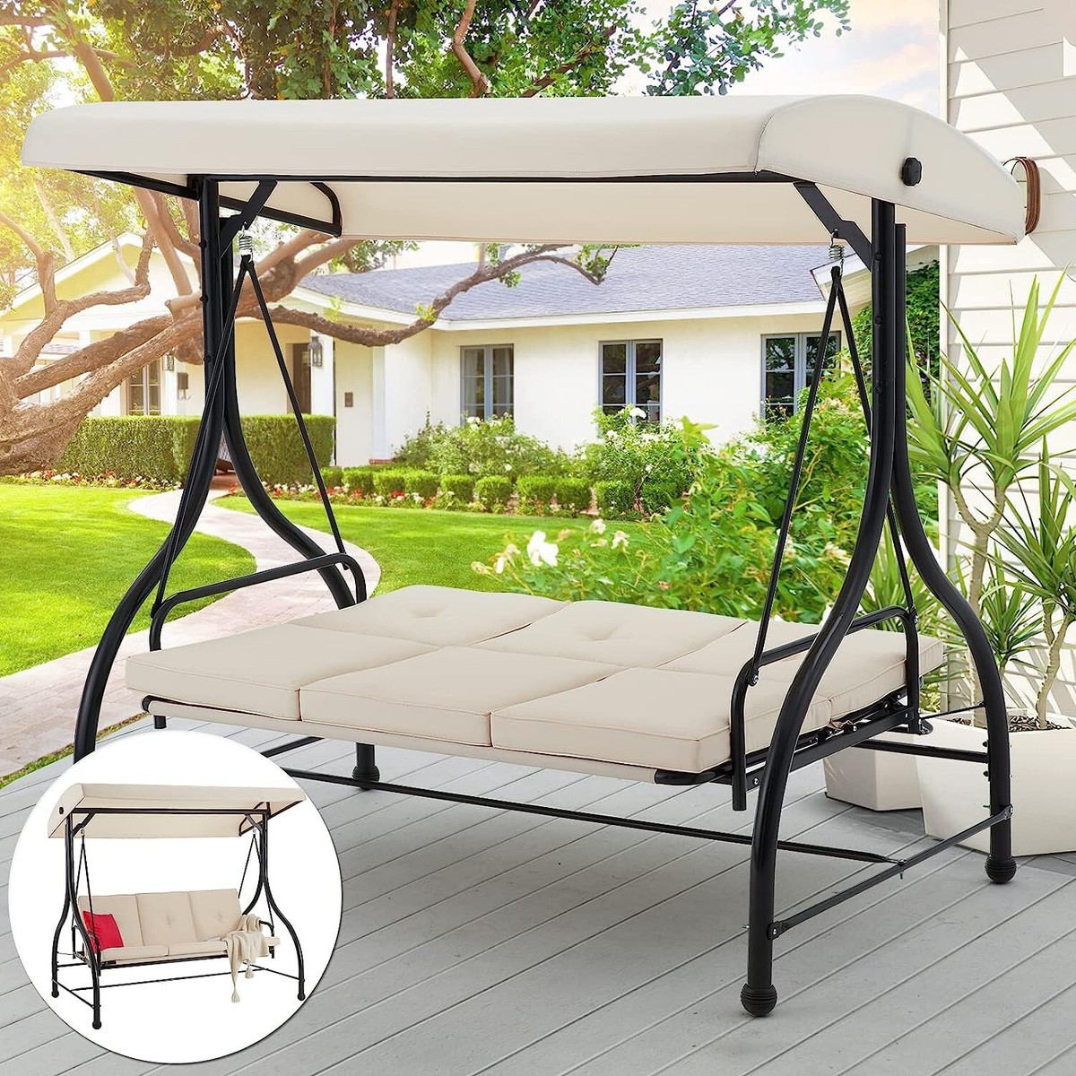 3-Person Patio Porch Swing Hammock Bench Lounge Chair Convertible
