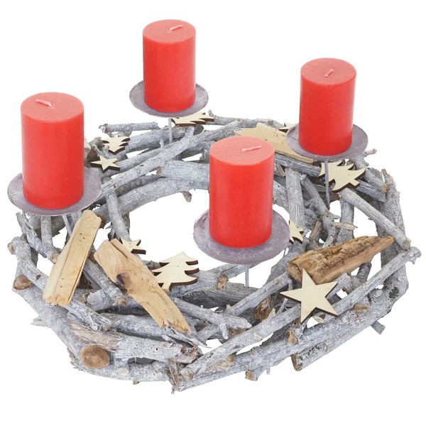Adventskranz Rund, Weihnachtsdeko Tischkranz, Holz Ø 40Cm Grau Mit Kerzen, Rot-image