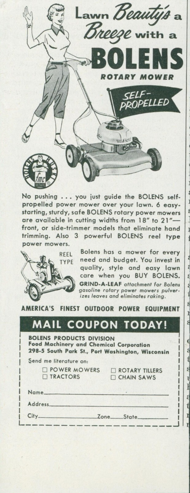 1955 Bolens Rotary Mower Self Propelled Happy Woman Beauty Breeze Print Ad SP22