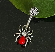 Red Spider w/ CZ Gem and Web Belly Ring Surgical Steel Pierced Navel Naval