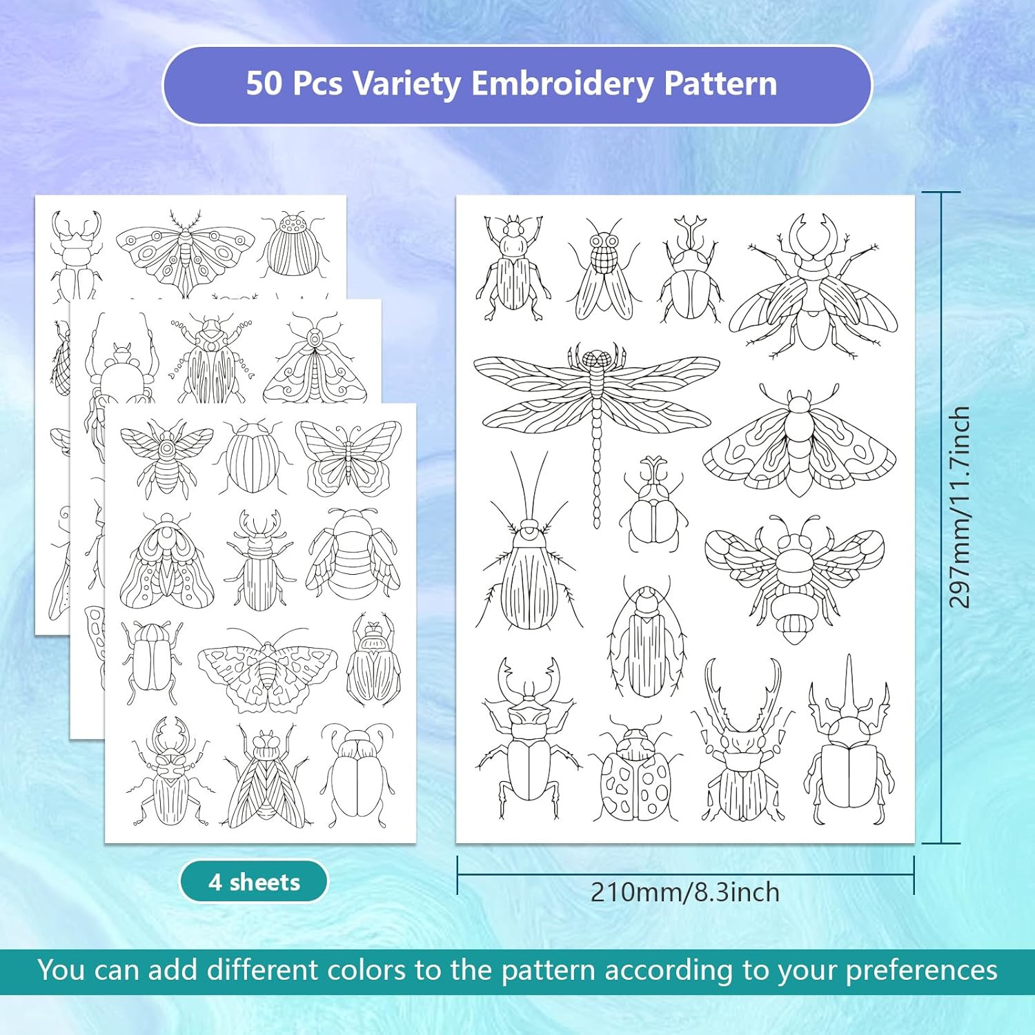 4 Sheets Insect Patterns Stick and Stitch Water Soluble Stabilizer for Embroider