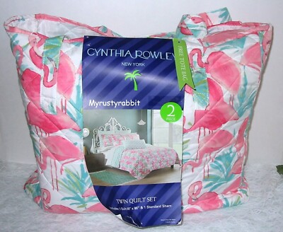 Cynthia Rowley Flamingo Twin Quilt & 1 Sham in Tote Bag ~` 68x86 New