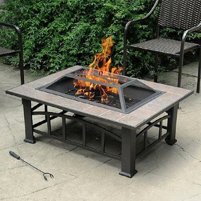 Outdoor Wood Burning Fire Pit Tile Top Backyard Patio Heater Table