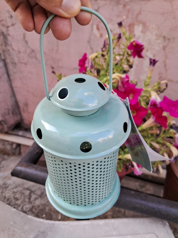 Hanging Metal Lantern Candle Tealight Holder Light Blue Balcony Decor Set of 2 - Image 4 of 4