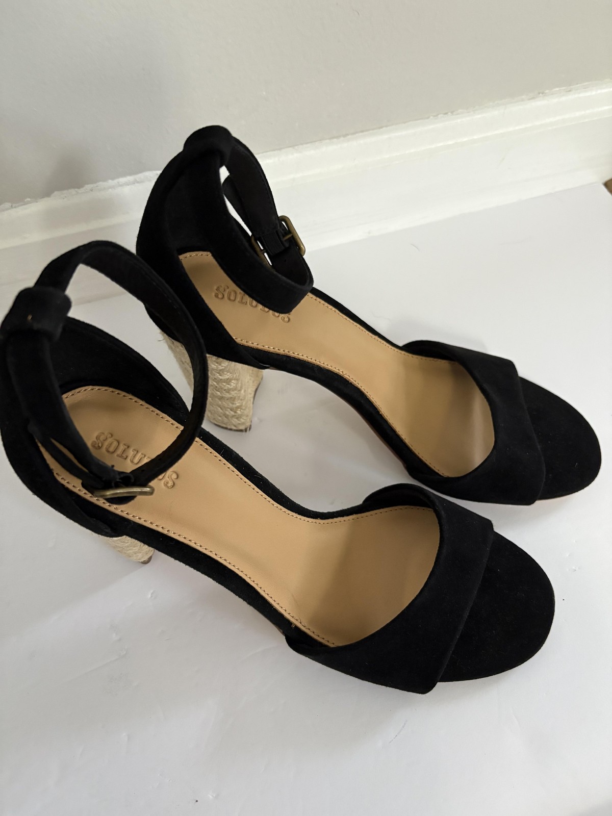 Soludos Shoes Womens Size 8.5 Black Suede Block Heel Sandals Espadrille Strap