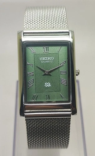 Vintage Seiko Slim Tank Quartz Men Green Dial Dress Watch-Free DDP Shipping
