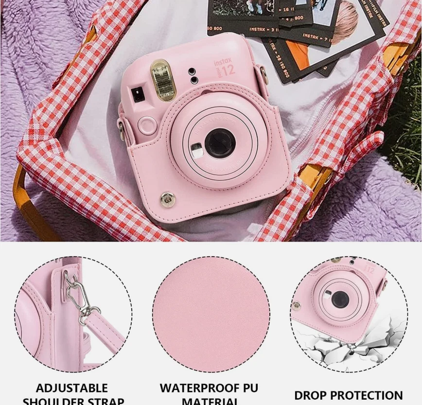 Funda para cámara de cuero PU rosa para Fujifilm Instax Mini 12 + álbum de fotos gratis Foto 2 de 4