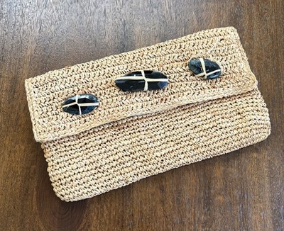 Tommy Bahama Raffia Clutch 12 x7  with 3 Raw Cut Stones Accent Clasp Flap Suede 