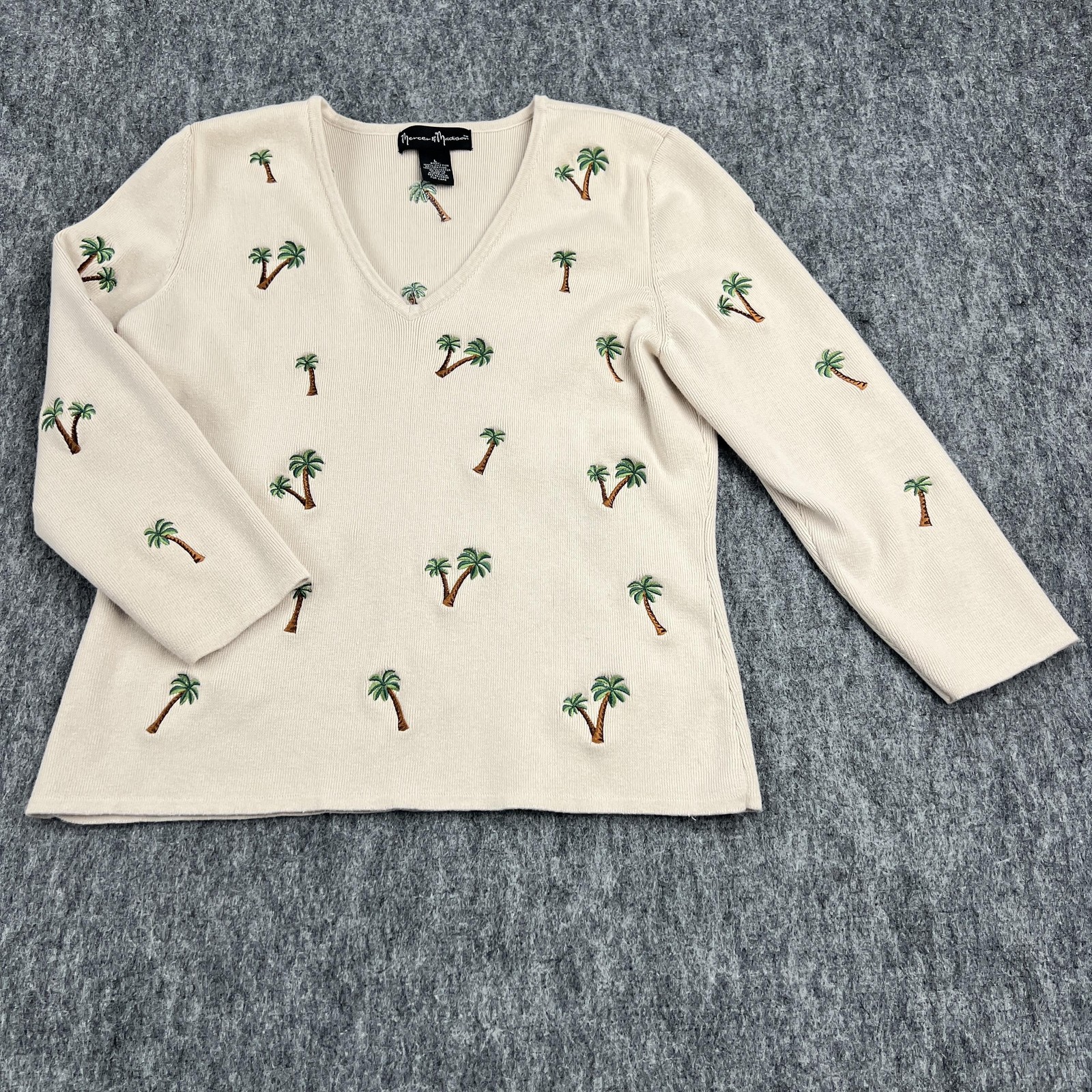 Mercer & Madison Sweater Womens Large Beige Palm Tree Embroidered V Neck Knit