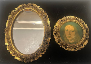 Vintage Italian Florentine Gold Mirror & Portrait Wall Decor Pair