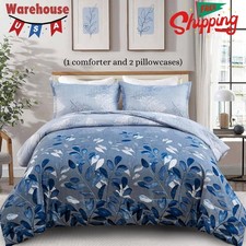 Blue Comforter Set King, Navy Botanical Leaves Comforter for King Bed 3 Pieces