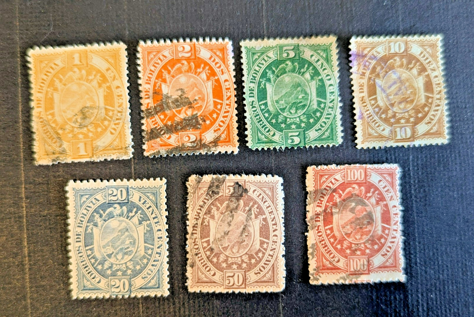 BOLIVIA  SC #40-46 ISSUES OF 1894 FULL SET, USED CV$74  FREE SHIP