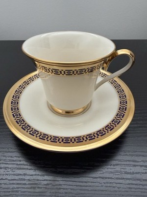 Lenox Tudor Cup & Saucer Set   Ivory China with Cobalt Blue & Gold Trim 
