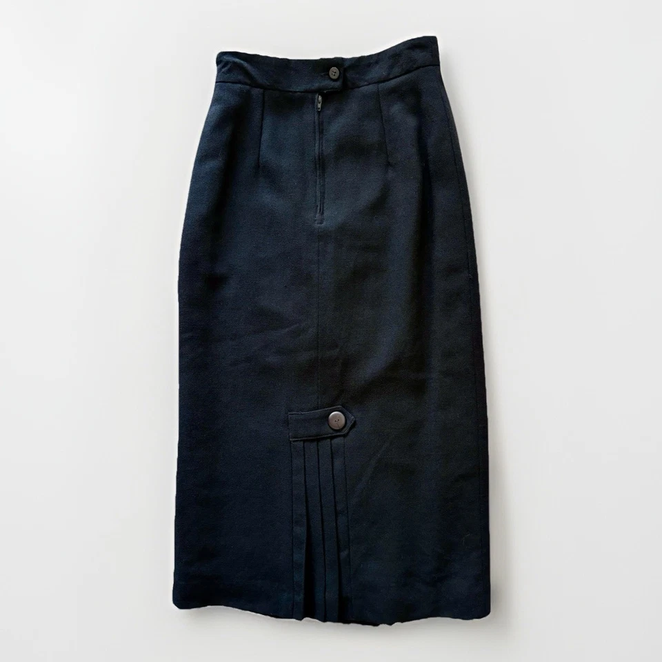 VTG Gorgeous Lasserre Paris Black Wool Pencil Skirt Pleated Buttons Size 38 - Image 2 of 4