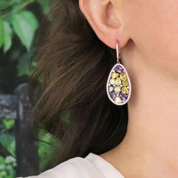 18k Rose Gold over Sterling Silver Multi Color Cz Earrings Dangle Drop Earrings - Image 2 of 4