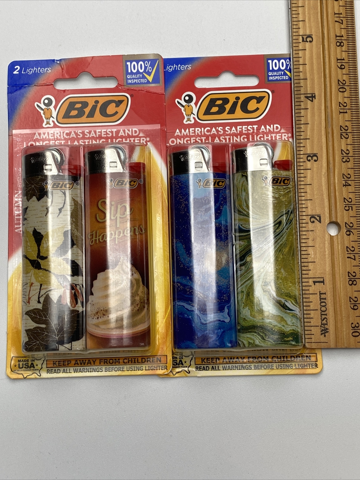 BIC Pocket Lighter, 2 Packs of 2 Lighters, Autumn & Marble Editions - New in Box
