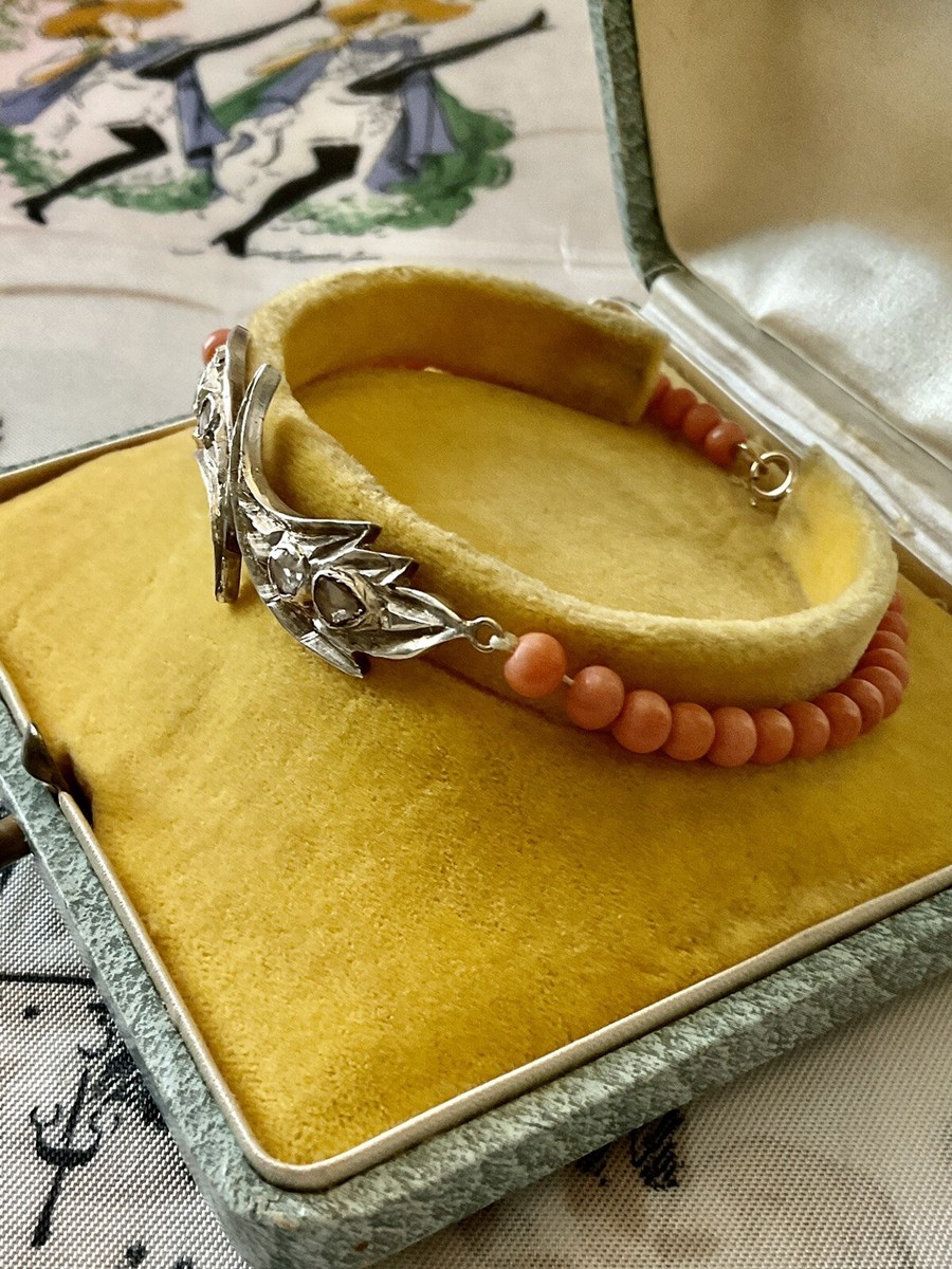 Bracelet Ancien En Or, Argent, Corail Rose Et Diamants - Bijou Vintage