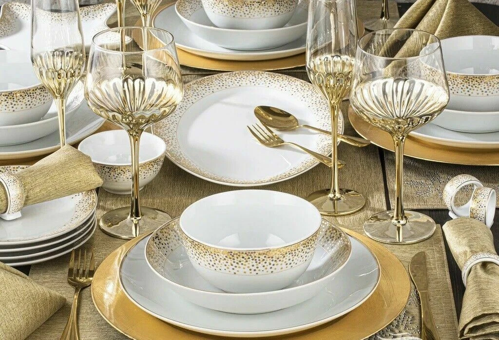 50Pcs Xmas Gold Sparkle Dinner Set Plates Table Runner Placemat Napkin Rings
