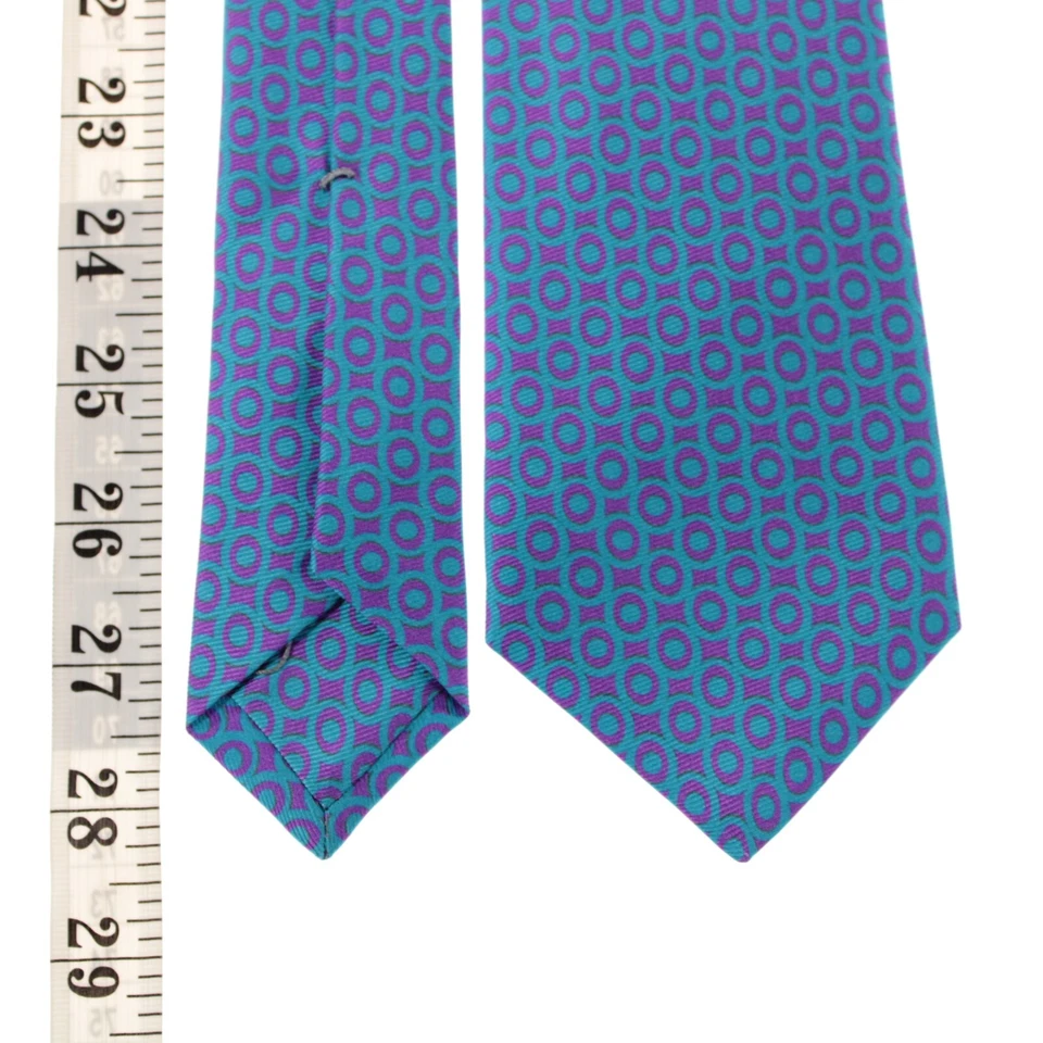 Corbata Kiton nueva sin etiquetas 100 % seda siete pliegues en azul verdoso con patrón geográfico púrpura Foto 4 de 4