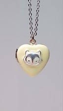 Cute Enamel Animal Face Heart Locket Pendant Kids Lynx 