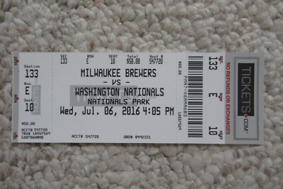 NATIONALS VS BREWERS 7/6/2016 FULL TICKET ~ BRYCE HARPER CAREER HR #115