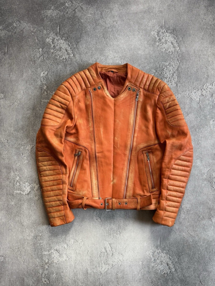 Balmain Jacket Mens Orange Leather Biker Quilted Moto Belted Made