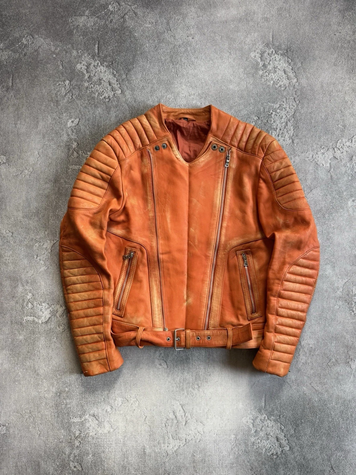 Balmain — Balmain Jacket Mens Orange Leather Biker Quilted Moto Belted Made Italy