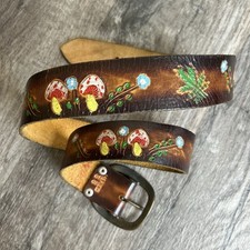 Vintage Leather Belt 70s Hand Tooled Painted Mushrooms Weed Hippie Boho