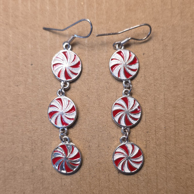 Peppermint Candy Dangle Drop Earrings Red White Silver Metal Enamel
