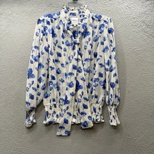 Misa Los Angeles Vyvienne Blue Floral Tie Neck Smock Waist Top Blouse Size XS