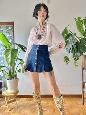 VTG 60s 70s Suede Scallop Hem Mini Skirt Mod Go-Go Front Snap XS S Boho Hippie