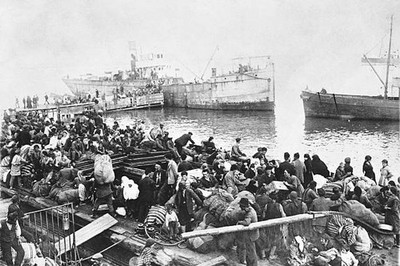 Greek refugees board passenger vessel following destruction Smyrna Old Photo