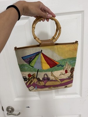 Bueno Beach Scene Bamboo Handle Tote Bag Novelty Art Purse Dachshund Dog