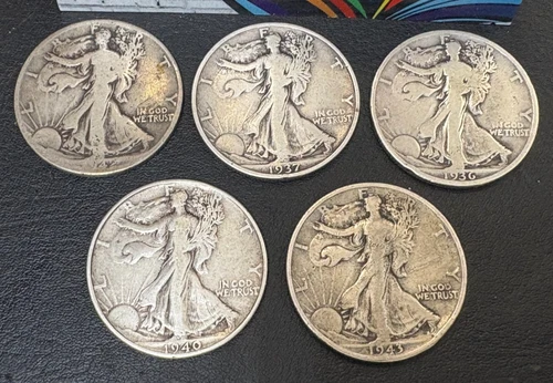 5x - Walking Liberty Half Dollars - 90% Silver 1936, 1937, 1942-D, 1943-S, 1940