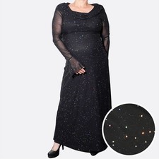 Black Mesh Sparkle Starburst Long Sleeve Maxi Dress Gown Plus Size Evening Gala
