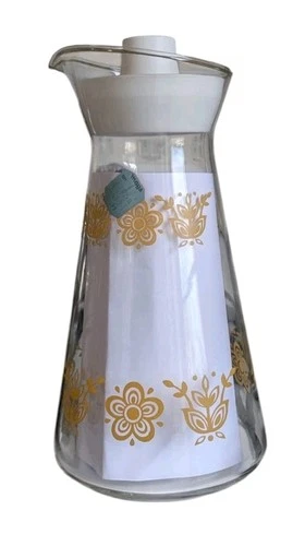 Vintage Pyrex Glass Carafe 2948-B Gold Butterfly Floral Pattern 10.25" With Lid
