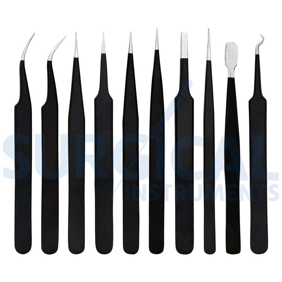 Juego de 10 pinzas de extensión de pestañas con estuche antiestático color negro Foto 3 de 4