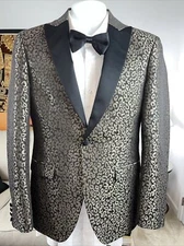 $229 Mens Zara Man Gold & Black Jacquard Print Tuxedo Jacket  Sz. 38 US