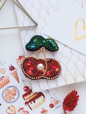 DIY Jewelry making kit "Cherries", Seed beaded brooch, Bead Embroidery Kit