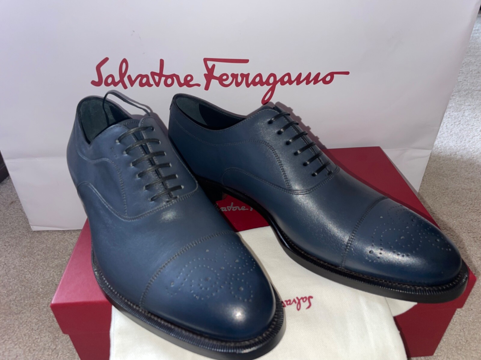 New Ferragamo GOYA Leather Cap Toe Oxford Men's Asphalt Calf Dress Shoes Size 9