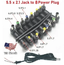 8Pcs 5.5x2.1mm Laptop Universal DC Power Jack Set Charger Right Angle Converters