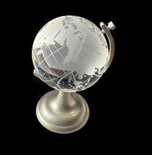Etched Glass World Globe Earth Paperweight on Stand Office Decor