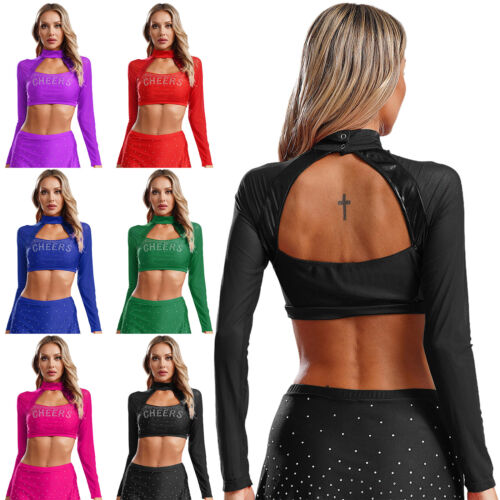 Women Cheer Uniform Tops Night Club Crop Top Rhinestone Cheerleader Costume - Picture 2 of 87