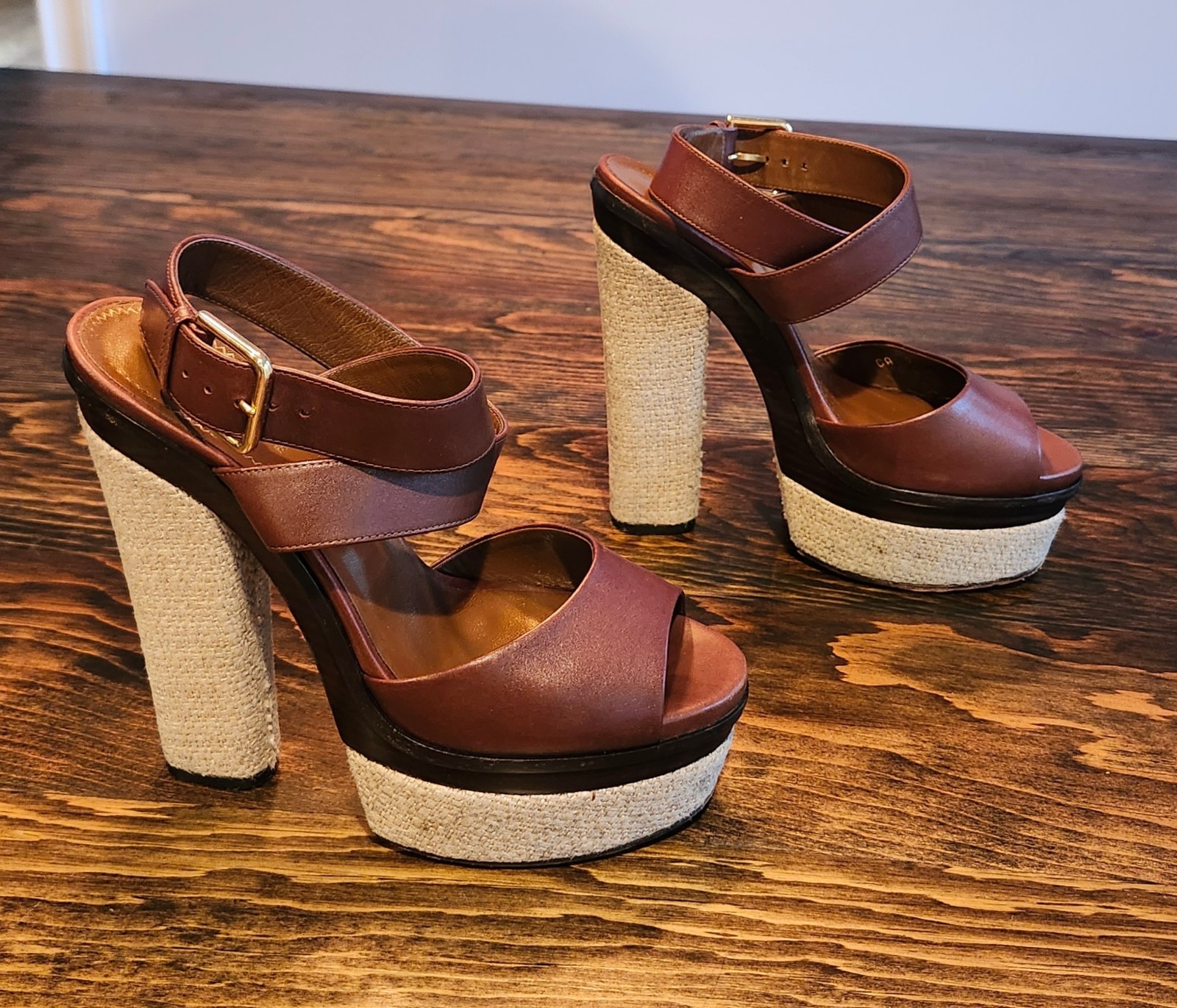 SANDALI YSL YVES SAINT LAURENT CRUISE PLATFORM PELLE MARRONE TACCO MISURA 38 7 US