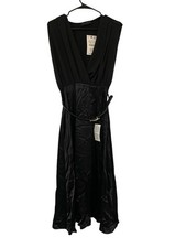 Zara Womens Combined Midi Dress Small Black Belted V-Neck Pleated 5029/180 NWT