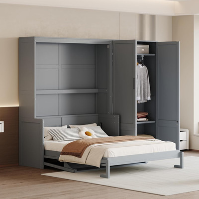 Stylish Gray Queen Murphy Bed with Closet & Wardrobe Storage for