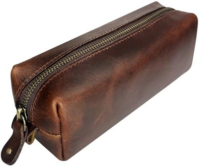  Leather Pencil Case - Handcrafted Full-Grain Zipper Leather Pen Walnut Brown