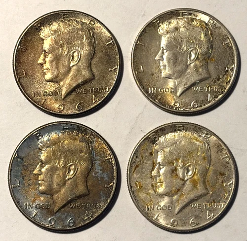 1964 Kennedy Silver Half Dollars, Uncirculated w/Toning (4) Coins 90% Silver
