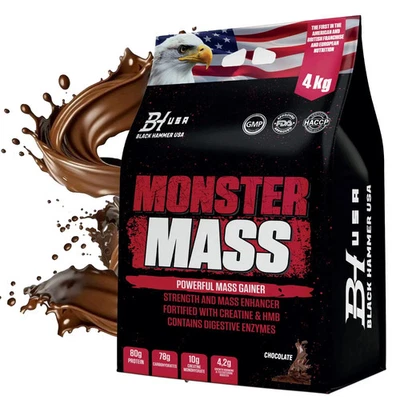 Monster Mass Gainer 4KG Schoko | High-Calorie Muscle Support | Black Hammer USA