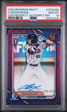 2024 Bowman Draft Chrome Prospect Carson Benge 1st RC Purple /250 Auto PSA 10